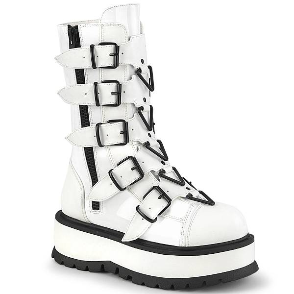 Demonia Women's Slacker-160 Platform Mid Calf Boots - White Patent D2843-97US Clearance